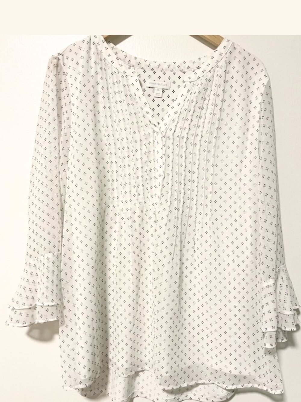 Charter Club V-Neck Pleated Pintuck Chiffon Blouse Size XXL Sheer Tiered Sleeve
